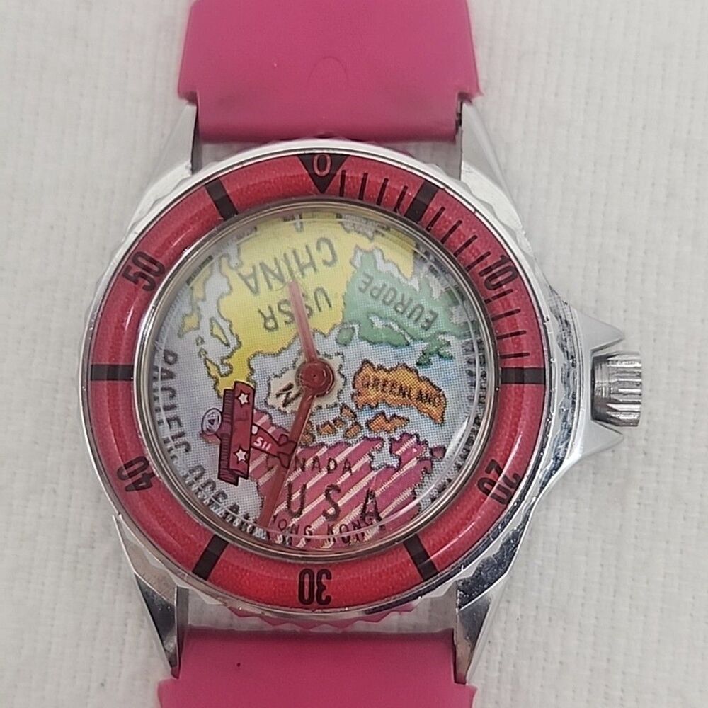 Watch Out of Time World Map Hand Wind Water Resistant Stainless Flying Plane 80s